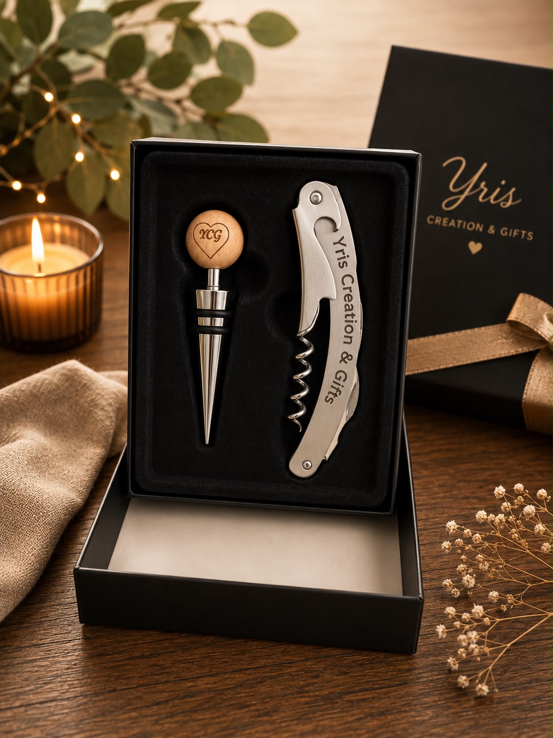 Personalized Wine Accessories Gift Set – Engraved Corkscrew & Wine Stopper Box