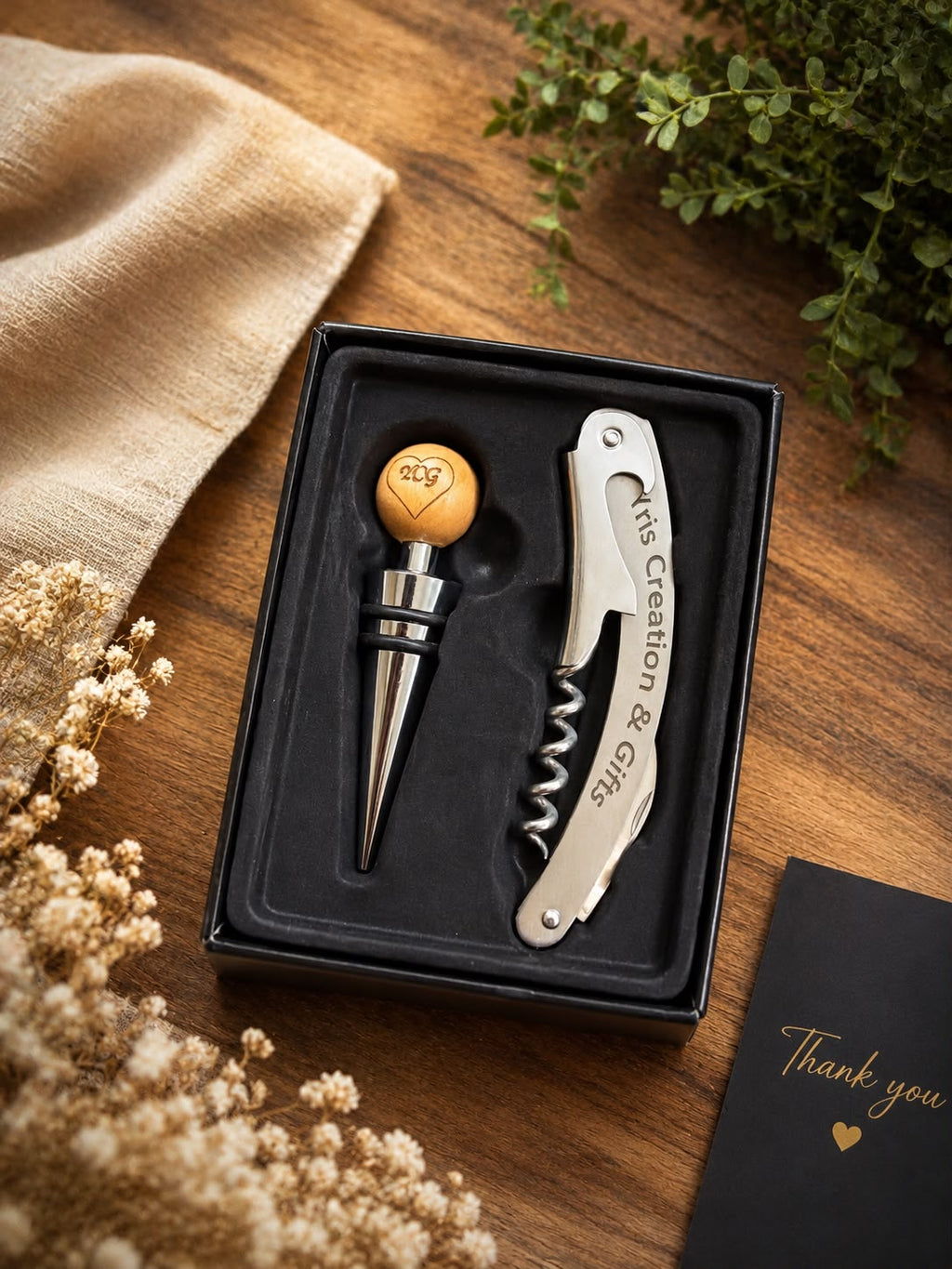 Personalized Wine Accessories Gift Set – Engraved Corkscrew & Wine Stopper Box