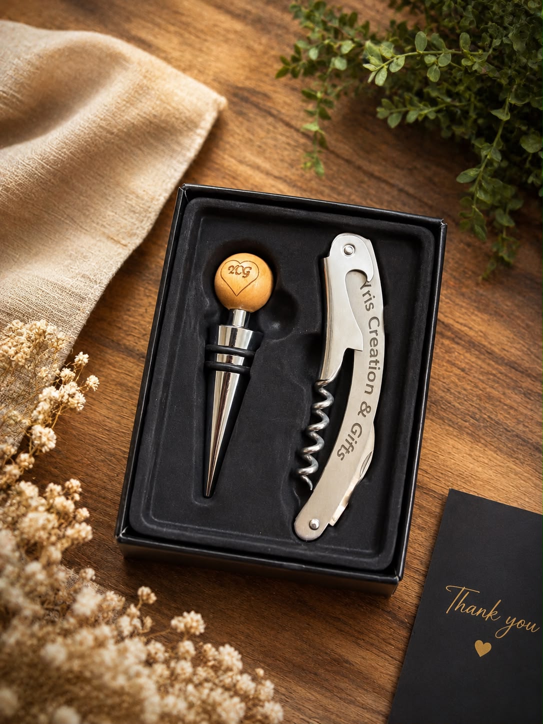Personalized Wine Accessories Gift Set – Engraved Corkscrew & Wine Stopper Box