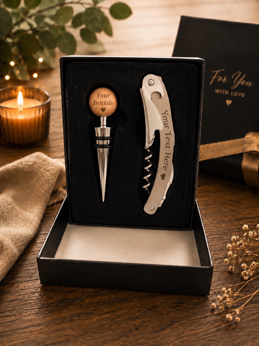 Personalized Wine Accessories Gift Set – Engraved Corkscrew & Wine Stopper Box